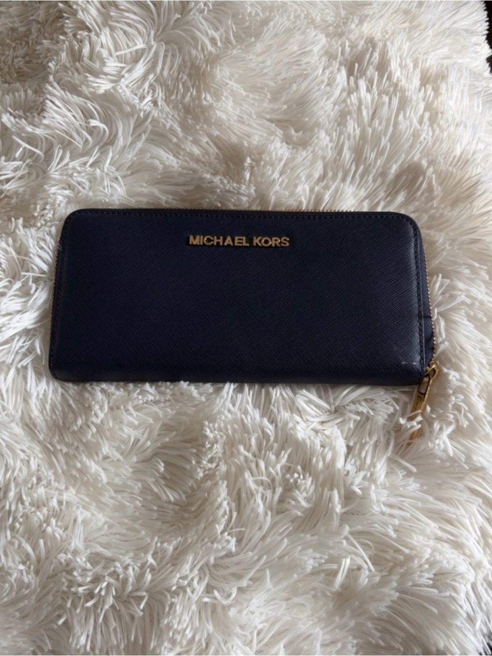 Michael Kors Dark Blue Saffiano Zip-Around Wallet with Gold Hardware